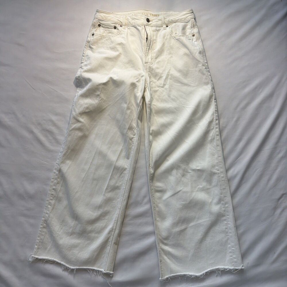 American Eagle Women’s Off White Super High Rise Baggy Wide Leg Ankle Jean Sz 8